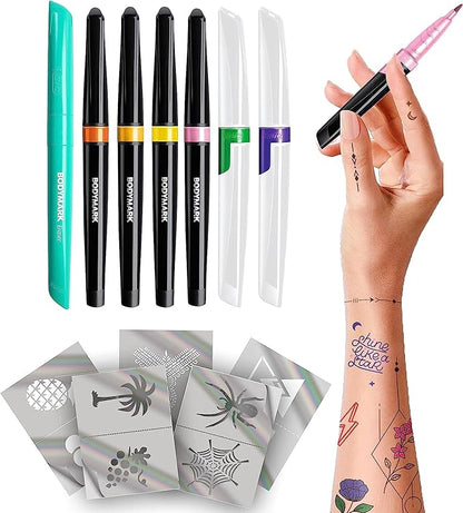 BIC BodyMark Expansion Pack Temporary Tattoo Marker for Skin, Premium Brush Tip, 6 Count Pack of Assorted Colors and Stencils, One Eraser Touch Up Pen, Skin-Safe Temporary Tattoo Markers Set