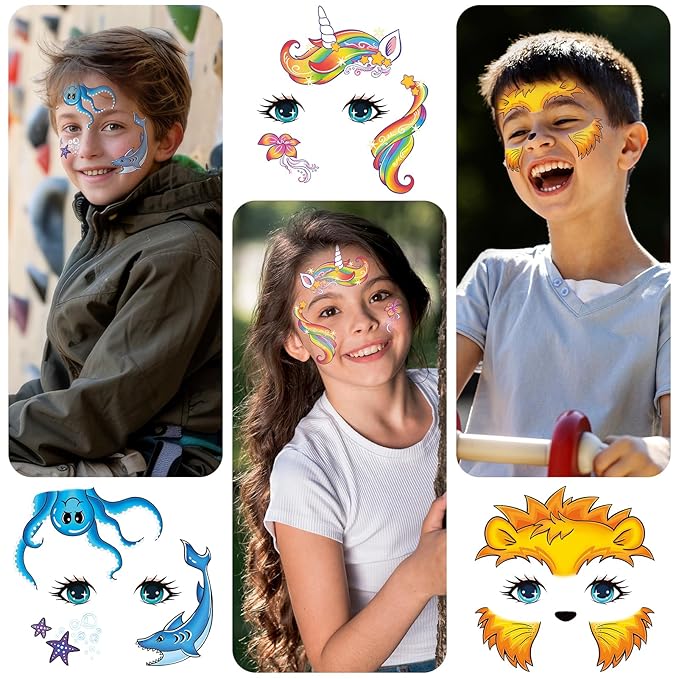 EMOME Face Tattoos for Kids - 48 Sheets Party Pack, Face Paint Tattoos Makeup for Boys and Girls Birthday Party Supplies Games, Face Tattoo Stickers for Kids Party Favors Goodie Bag Stuffers