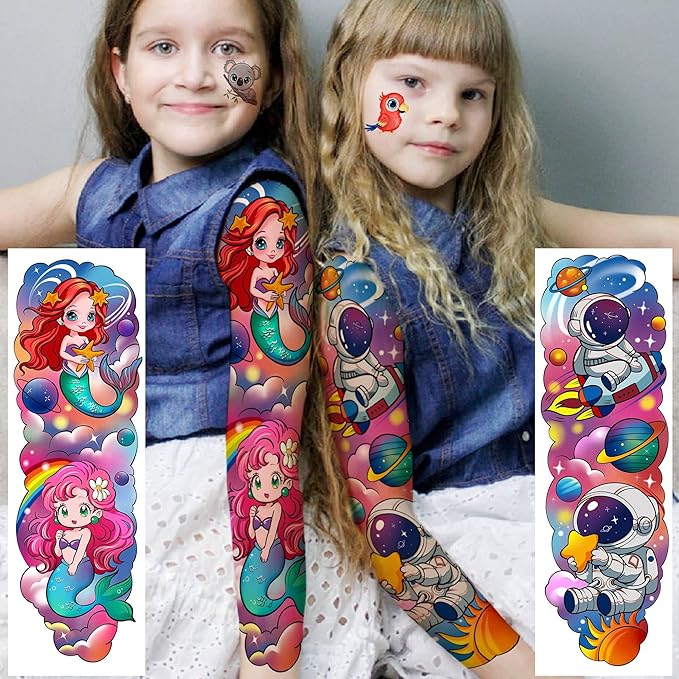 58 PCS Cartoon Unicorn Mermaid Temporary Tattoo For Kids Girls Boys, Full Arm Animals Dinosaur Car Space Monster Truck Butterfly Body Face Fake Arm Tattoos Stickers Birthday Gifts Party Supplies