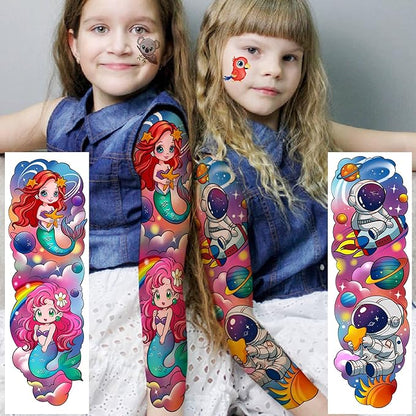 58 PCS Cartoon Unicorn Mermaid Temporary Tattoo For Kids Girls Boys, Full Arm Animals Dinosaur Car Space Monster Truck Butterfly Body Face Fake Arm Tattoos Stickers Birthday Gifts Party Supplies