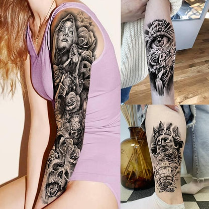 20 Sheets Gothic Nun Girl Prayer Full Arm Sleeve Temporary Tattoos For Men Women Thigh, Zeus God Indian Chicano Gangster Wolf FLower Fake Tattoo Sleeve For Adults, Halloween Black Tattoo Sticker Skull