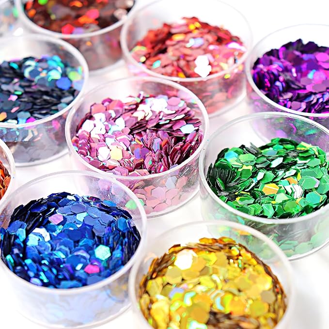 12 Assorted Colors 3mm Holographic Extra Chunky Hexagon Glitter for Craft, Epoxy Resin,Extra Chunky Laser Sequin Glitter for Body and Nail Art