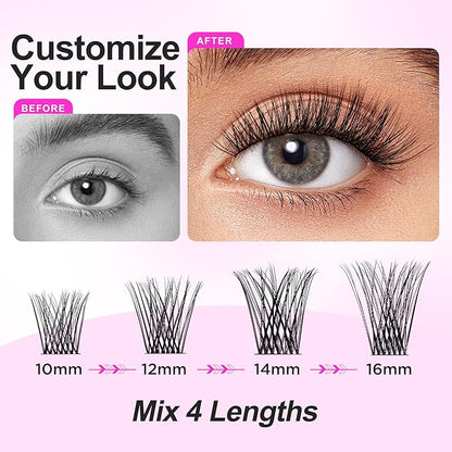 Lash Cluster Kit DIY Lash Extension Kit with 168pcs D Curl Cluster Lashes Super Soft Lashes Natural Look, Lash Bond and Seal, Lash Remover, Applicator, 10-16mm C03