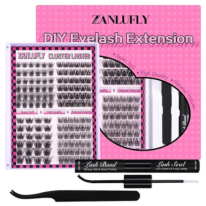 Lashes Extension Kit Lashes Clusters Individual Lashes Kit 4 Styles DIY Eyelashes Extension Kit with Lash Bond and Seal Mascara Brush Lash Applicator Eyelashes Clusters(10-16MM,132Pcs)