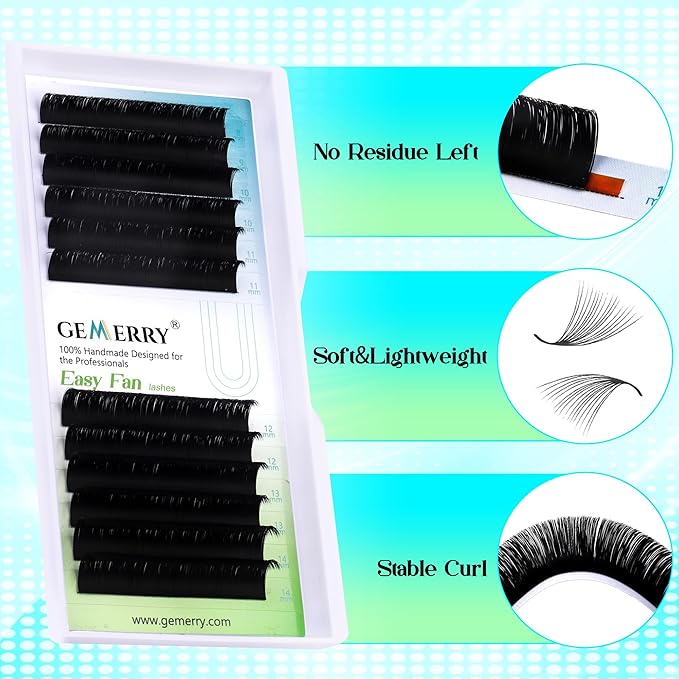 GEMERRY Lash Extension Easy Fan Lash Extensions Rapid Blooming 03 05 07 C/D Curl 8-20mm Volume Lash Extensions Mixed & Single Length Tray Self Fanning Eyelash Extension(0.1-D-8-14)