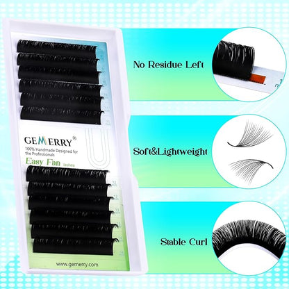 GEMERRY Lash Extension Easy Fan Lash Extensions Rapid Blooming 03 05 07 C/D Curl 8-20mm Volume Lash Extensions Mixed & Single Length Tray Self Fanning Eyelash Extension(0.1-D-8-14)