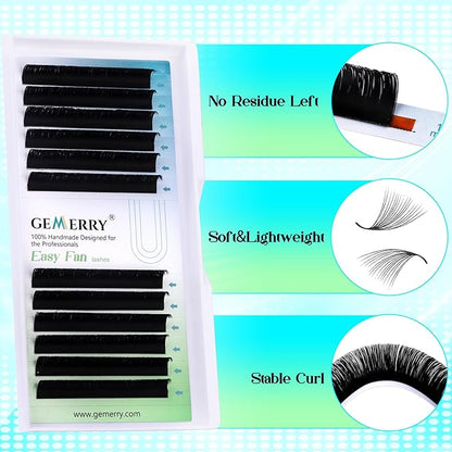 GEMERRY Eyelash Extension Volume Lash Extensions Rapid Blooming 03 05 07 C/D Curl 8-20mm Easy Fan Lash Extensions Mixed & Single Length Tray Self Fanning Lash Extension（0.05-D-9)