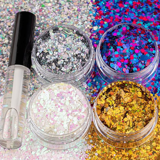 4 Colors of Holographic Chunky Glitter with Quick Dry Glue Pack 5, 4 Pots Total 40g Multi-Shaped for Body Hair Face Eyes Make-up, Nail Art and Bedazzling in Party/Concert/Events Glitter