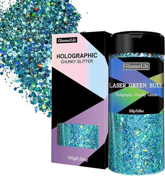 GlimmerLife Chunky Glitter 150G/5.29OZ Glitter, Holographic Chunky Glitter, Iridescent Sequin Flake Resin Glitter for DIY Crafts, Nail, Body, Face, Christmas Decorations