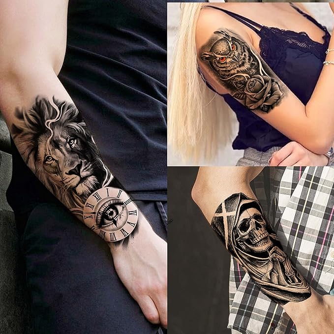 20 Sheets Black Tribal Wolf Tiger Lion Temporary Tattoo Sleeve For Men Adults, 3D Halloween Prison Gothic Maori Sleeve Tattoos For Women, Fake Full Arm Sleeve Tattoo Stickers Skull Skeleton