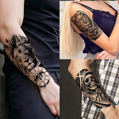 20 Sheets Black Tribal Wolf Tiger Lion Temporary Tattoo Sleeve For Men Adults, 3D Halloween Prison Gothic Maori Sleeve Tattoos For Women, Fake Full Arm Sleeve Tattoo Stickers Skull Skeleton