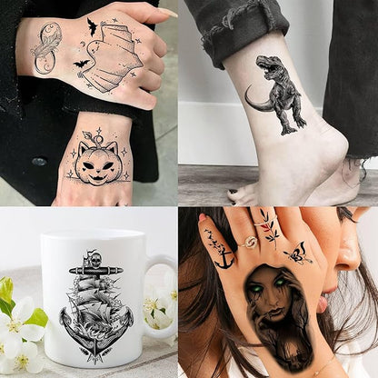 68 Sheets Black Tribal Wolf Lion Temporary Tattoos For Men Women, Halloween Skull Half Arm Sleeve Tattoo Stickers Tiger Zeus God Jesus Christ Gladiator, 3D Temp Waterproof Fake Tattoos For Adults Owl