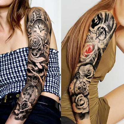 20 Sheets Full Arm Sleeve Temporary Tattoos For Women Girls Thigh, Rose Flower Tribal Eye Compass Clock Fake Tattoo Sleeve For Adults, Long Lasting Peony Florals Peace Dove Black Tattoo Stickers