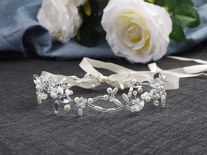 Kercisbeauty Wedding Bridal Headband with Pearl Headpiece for Women Girls Prom Headpiece Vintage Boho Tiara Bridesmaid Hair Accessories(Silver)