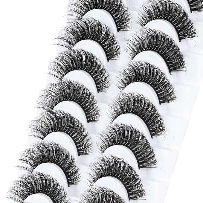 Ahrikiss Russian Strip Lashes Fluffy Wispy Faux Mink Lashes D Curl False Eyelashes Fluffy Wispy 10 Pairs Pack (D01)