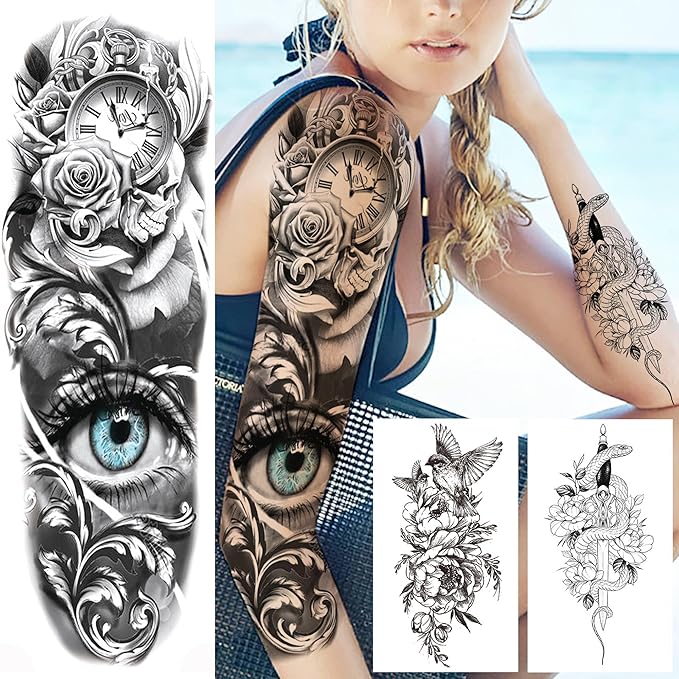 20 Sheets Full Arm Sleeve Temporary Tattoos For Women Girls Thigh, Rose Flower Tribal Eye Compass Clock Fake Tattoo Sleeve For Adults, Long Lasting Peony Florals Peace Dove Black Tattoo Stickers