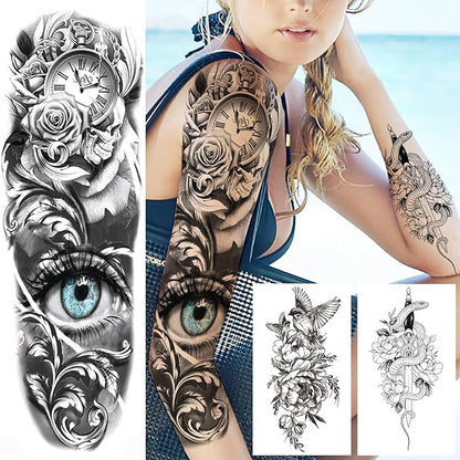 20 Sheets Full Arm Sleeve Temporary Tattoos For Women Girls Thigh, Rose Flower Tribal Eye Compass Clock Fake Tattoo Sleeve For Adults, Long Lasting Peony Florals Peace Dove Black Tattoo Stickers