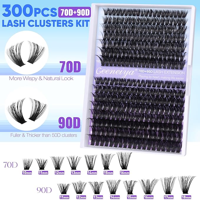 Geeneiya Wispy Lash Clusters Kit 70D+90D Lash Extension Kit 10-18mm Natural Cluster Eyelash Extensions Kit Individual Lashes with Waterproof Lash Bond and Seal Glue, Lash Tweezers (300PCS)