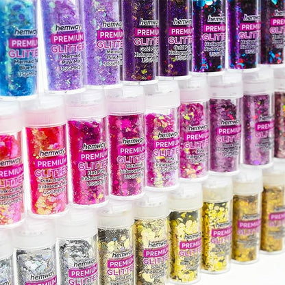 Hemway Mixed Glitter Tube Ultra Sparkle Box (Pack of 54) | Metallic Flakes Shaker Set for Resin & Epoxy Crafts | Assorted Colour Craft Supplies for Festival, Hair, Face, Body, Eye & Nail Art
