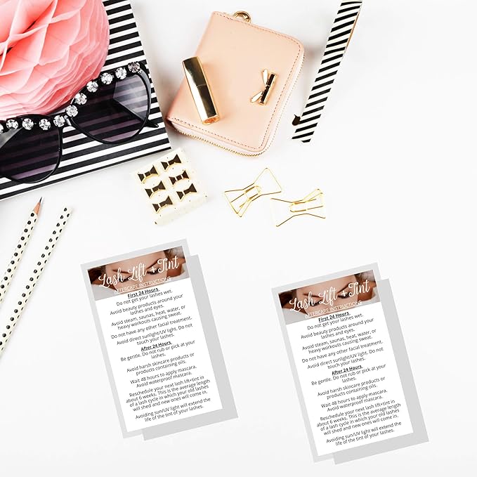 Lash Lift + Tint Aftercare Instruction Cards | 50 Pack | 2 x 3.5” inches Business Card Single Side | Eyelash Lift and Tint Kit at home diy aftercare supplies | White with Lash Photo Design