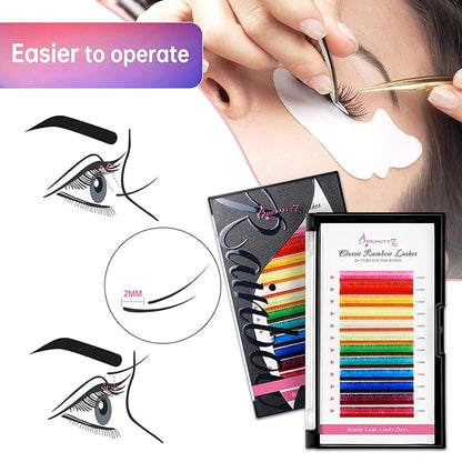 Beauty7 Colored Lash Extensions Rainbow Classic D+ Curl 0.05mm Thickness 15mm Dramatic Eyelashes Ombre 12 Colors
