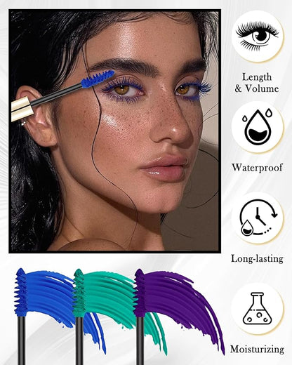 3 Colors Waterproof Mascara Set -Blue Green Purple Colored Mascara for Eyelashes, Long Lasting Curling Tube Máscara Volume and Length, High Pigment Lash Colorful Makeup for Cosplay Party-B