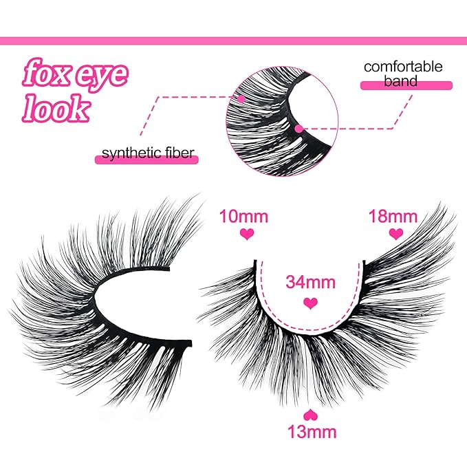 Fox Eye Lashes Wispy Eyelashes 18mm Cat-Eye Lashes Angel Wing Lashes Faux Mink False Eyelashes Natural Look 5 Pairs pack(XF05), black