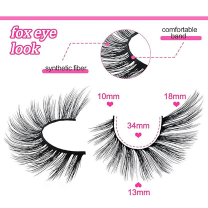Fox Eye Lashes Wispy Eyelashes 18mm Cat-Eye Lashes Angel Wing Lashes Faux Mink False Eyelashes Natural Look 5 Pairs pack(XF05), black
