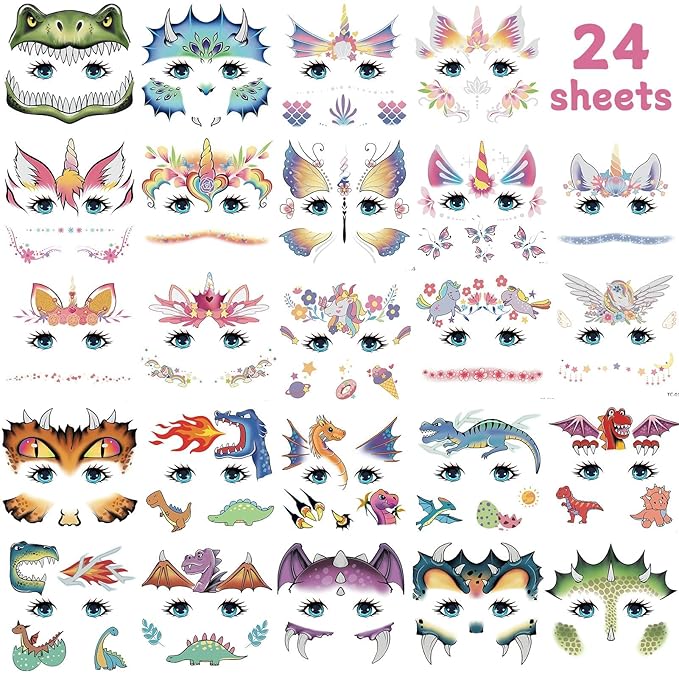 EMOME Face Tattoos for Kids - 48 Sheets Party Pack, Face Paint Tattoos Makeup for Boys and Girls Birthday Party Supplies Games, Face Tattoo Stickers for Kids Party Favors Goodie Bag Stuffers