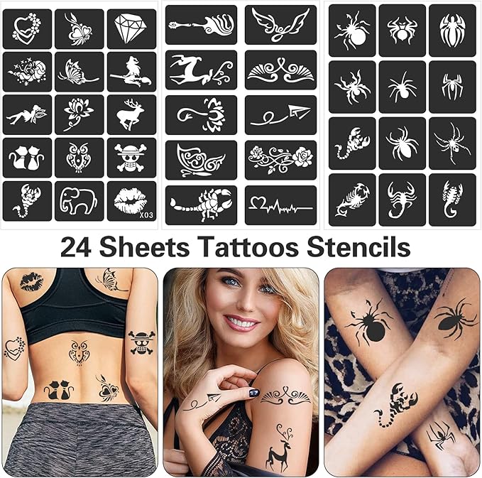 24 Sheets Tattoo Stencils for Kids Teens Adults, Henna Tattoo Stencil Kit, 400pcs Tattoos Design, Tattoo Stencil for Real Tattoos, Airbrush Tattoo Stencils, Henna Stencil for Face Hand Finger