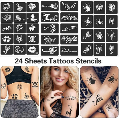 24 Sheets Tattoo Stencils for Kids Teens Adults, Henna Tattoo Stencil Kit, 400pcs Tattoos Design, Tattoo Stencil for Real Tattoos, Airbrush Tattoo Stencils, Henna Stencil for Face Hand Finger