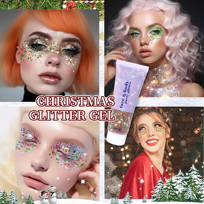 DAGEDA Body Glitter Gel, Face Glitters Body Gel Sequins Shimmer Liquid Eyeshadow, Chunky Glitter for Face Hair, Holographic Cosmetic Laser Powder Festival Glitter Makeup1.7oz (Christmas)