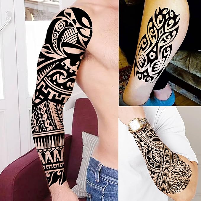 20 Sheets Maori Full Arm Sleeve Temporary Tattoos For Men Women Thigh, Fake Tattoo Sleeve For Adults, Tribal Indian Long Lasting Halloween Black Turtle Maori Tattoo Stickers Faith Belief Totem Armband