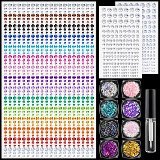 Rainbow Face Gem Stickers and Chunky Glitter Set 9, 1294 Pcs 3-6mm Rhinestones and 8 Pots Chunky Glitter, With Glue for Makeup Eyes Hair Body Nails, Crafts and Decorations