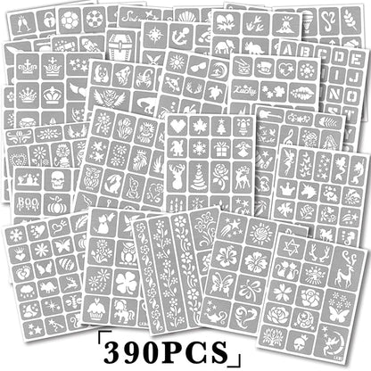 Yazhiji 390 PCS Temporary Tattoo Stencils, Face and Body Paint Stencils Kit, Girl Boy Glitter Tattoos Stencils Pack for Kids School Show Birthdays Halloween Christmas Party Favor Supplies