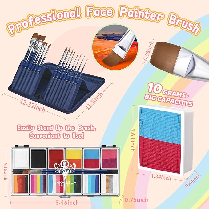 Professional Face Painting Kit for Kids,12X10gm Washable Rainbow Cake Face Paint with Stencil & Brushes,Hypoallergenic Safe & Non-Toxic,Gift for Birthday Parties/Halloween/Carnival