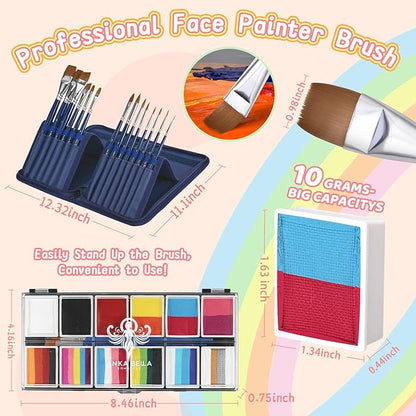 Professional Face Painting Kit for Kids,12X10gm Washable Rainbow Cake Face Paint with Stencil & Brushes,Hypoallergenic Safe & Non-Toxic,Gift for Birthday Parties/Halloween/Carnival