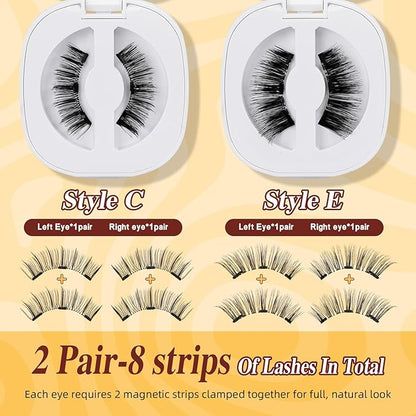 QUEWEL 2 Pairs Magnetic Eyelashes, Reusable No Glue Needed Magnetic Eyelashes Kit with Applicator Lash Clusters Kit without Eyeliner Easy to Wear and Remove (G-YC-C+E01)