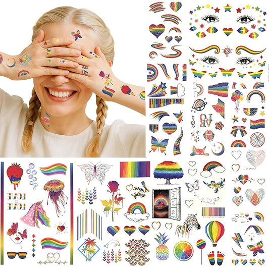 107PCS Artist-Designed Temporary Tattoos – LGBTQ+ Pride Fake Tattoos, Glitter Stickers for Adults, Festival Accessories & Fiesta Party Favors Kit