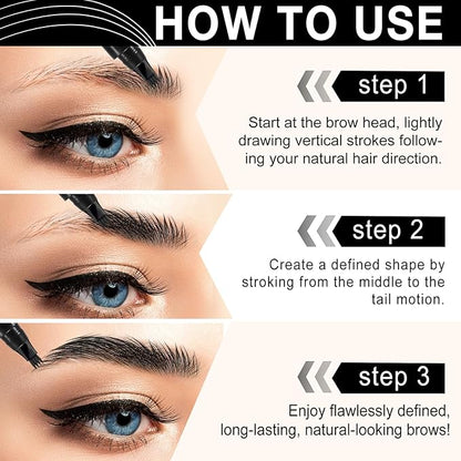 3D Microblading Eyebrow Pencil, 2024 New Waterproof Microblading Eyebrow Pencil Contouring Pen with 4 Fork Tip & Spoolie Brush, Precise Brush-Tip Create Natural Hair-Like Brows (#5 Black)