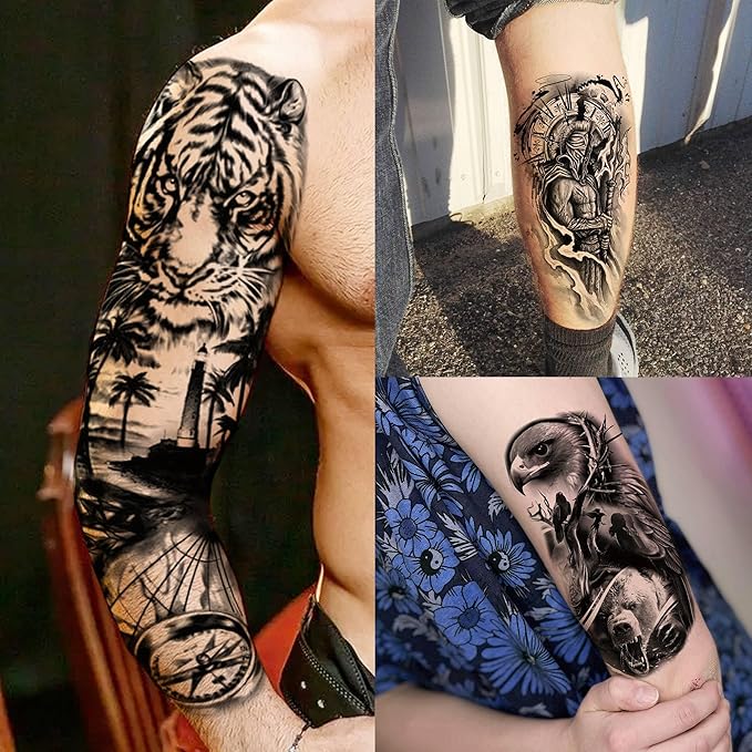 20 Sheets Large Tiger Full Arm Temporary Tattoos For Women, 8 Sheets Full Sleeve Tattoos For Men Tiger Lion Eagle Owl Compass Flower, 12 Sheets Half Arm Tattoo Sleeve For Adults Ship Skull