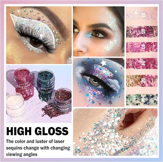White Body Face Glitter Gel Makeup Hair Glitter Gel Long Lasting Shiny Holographic Chunky Sequins Halloween Festival Face Paint Glitter Gel Makeup - 01 Sparkling White