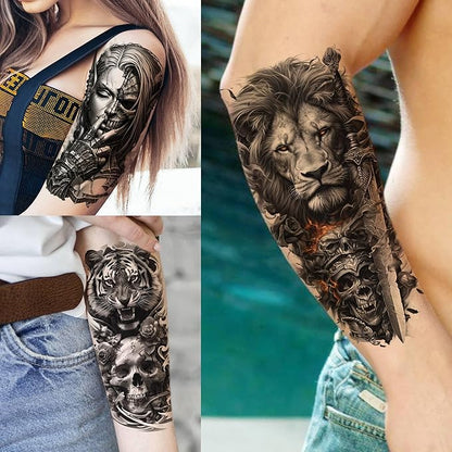 73 Sheets Black Wolf Lion Temporary Tattoos For Men Women, Halloween Half Arm Sleeve Tattoo Stickers Tiger Zeus Jesus Christ Dragon, Temp Gothic Waterproof Fake Tattoos For Adults Owl Skull Skeleton
