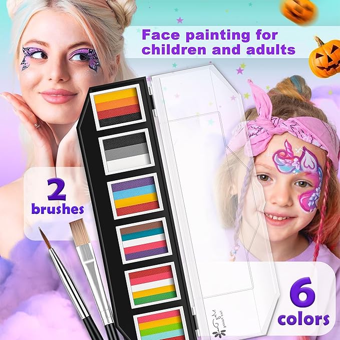 Maydear Face Painting Kit for Kids Adults, 6×10gm Professional Makeup Split Cake Palette, Safe and Non-Toxic Water Based Rainbow Face Body Paint Set for Parties, Halloween, Christmas