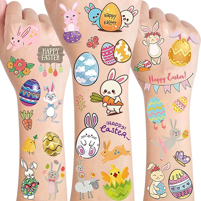 10 Sheets Happy Easter Temporary Tattoos For Kids Boys Girls Easter Basket Stuffers Party Decoration, Funny Bunny Eggs Fake Tattoo Sticker Easter Accessories Supplies Goodie Bag Fillers Children Gifts