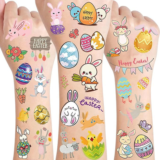 10 Sheets Happy Easter Temporary Tattoos For Kids Boys Girls Easter Basket Stuffers Party Decoration, Funny Bunny Eggs Fake Tattoo Sticker Easter Accessories Supplies Goodie Bag Fillers Children Gifts