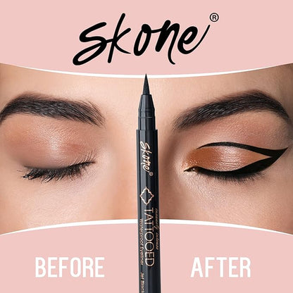 Skone Cosmetics Tattooed Eyeliner & Stencil Duo - Waterproof, Smudge Proof Felt Tip Liquid Eyeliner & Easy to Use Multifunctional Eyeliner Aid Stencil Tool Guide for Mascara Shield Applicator Guard, L
