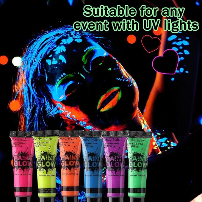 Glow in the Dark Face Body Paint,Blacklight Neon Halloween Face Paint,Neon Fluorescent Body Paint for Halloween Festivals Stage Christmas Party and Events,Set of 6 Tubes