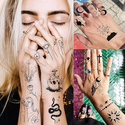 28 Sheets 220+ Minimalism Temporary Tattoos - Moon, Sun, Stars, Snakes, Flowers for Women, Men, Adults, Kids