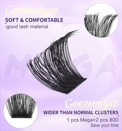 Geeneiya 200D Mega Lash Clusters Volume Eyelash Clusters D Curvature Cluster Eyelash Extensions DIY Wispy Lash Extension | Only 16MM Mega Lashes